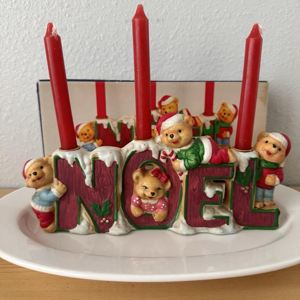 Vintage 80s Nobel Ball Ceramic‎ Christmas NOEL Teddy Bears Candle Holder Kitsch